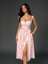 Openwork Split Thigh Pocket Floral Print Dress